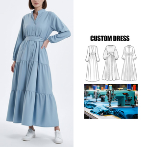 Marque personnalisation <span class=keywords><strong>moyen</strong></span>-orient Vintage Chic musulman femmes Abaya <span class=keywords><strong>robe</strong></span> couleur unie bouton col montant dentelle lâche longue <span class=keywords><strong>robe</strong></span> - Product Image 1