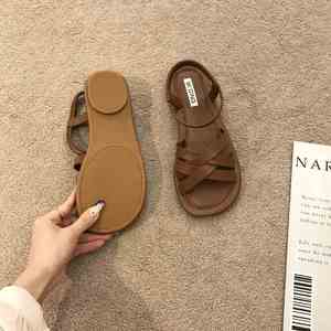 Soft Girl Fairy Vacation Style Roman <b>Sandals</b> Ladies 2026 Summer Breathable <b>Flat</b> Casual Beach Walking Shoes - Product Image 1
