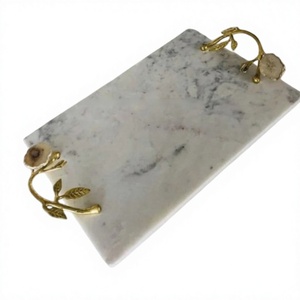 Premium Quality <b>White</b> Marble Serving Tray With Elegant Golden Leaf Brass Handles Decorative Rectangular <b>Kitchen</b> & Home Decor - Product Image 1