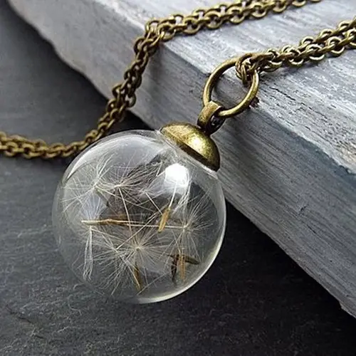 New Arrival Handmade Dandelion Wish Pendant Necklace Dried Flower Glass Ball with Long Sweater Chain