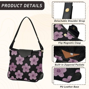 Hawaii Purple Hau <b>Flower</b> Design PU Leather Handbags <b>Single</b> Straps Tote Purses Bucket Custom Logo Women's Shoulder Bag for Ladies - Product Image 3