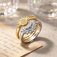 18K PVD Vergoldetes Edelstahl Schmuckset mit Himmelskörpern Sonne und Mond, Strass-Besetztes Halskette, Armband und Ring für Damen Geschenk
