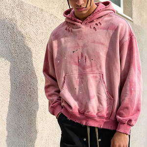 Sweat-shirt à capuche rose vintage délavé à l'acide pour homme, effet usé, déchiré, éclaboussures de peinture, coupe oversize, style streetwear décontracté - Product Image 2
