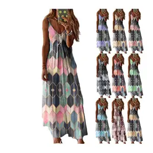 W5430 S-5XL Casual Robe Women Dress Vintage Printed Maxi Dress Summer Sleeveless Tank Dress Large Size Vestidos Female Sundress