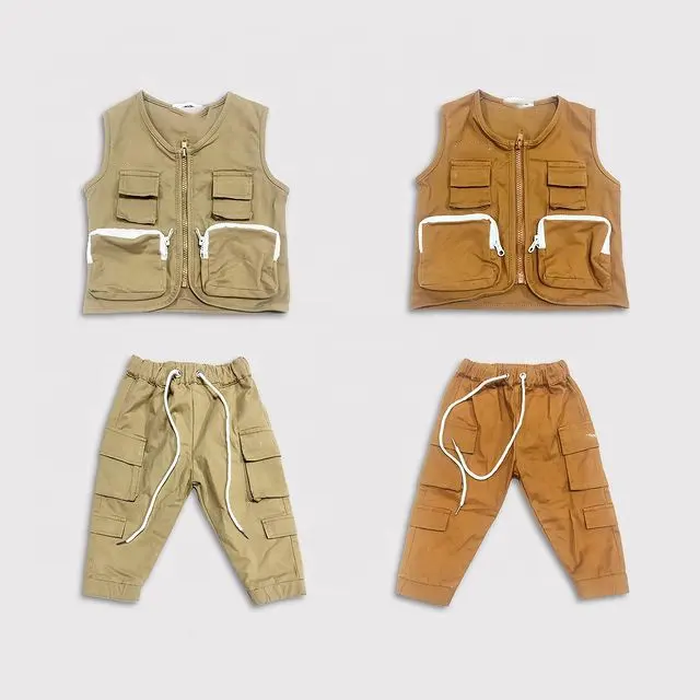 Conjuntos de roupas de corrida para bebês, jaqueta sem mangas com bolsos 3d para meninos e meninas, duas peças