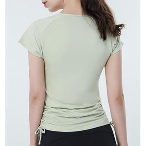 T-shirt de yoga pour femme à demi-zip avec cordon de serrage latéral et fronces, séchage rapide, respirant, manches courtes, haut d'entraînement, fitness, course à pied, sport - Product Image 5