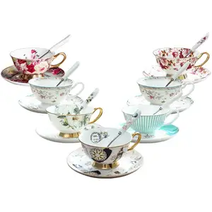 wholesale Ceramic European country Style Luxury Porcelain Bone China Coffee Cup and Saucer Set Gold rim Teacup with Spoon