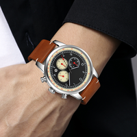 Montre à quartz simple pour homme UMS en acier inoxydable, bracelet en cuir rond de 42 mm, chiffres arabes, trois aiguilles, six aiguilles, multifonction