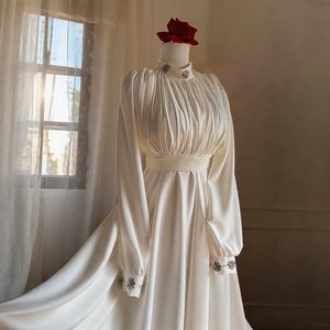 Maniche a lanterna pieghettate in raso personalizzato ampia cintura scollo alto fiori con perline da donna <span class=keywords><strong>bianco</strong></span> modesto abiti Abaya - Product Image 1