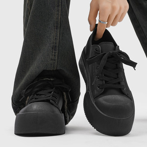 Chaussures de sport décontractées noires à semelle épaisse rehaussante, polyvalentes, en cuir, basses, résistantes à l'usure pour hommes - Product Image 4