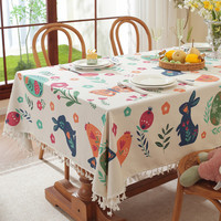 Nappe de table à franges motif lapin et fleurs, imprimé floral de Pâques, en mélange polyester-coton, style nordique, anti-poussière, pour le commerce transfrontalier