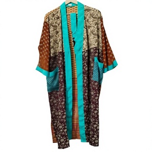 Bata Kimono de Mujer con Parches, Larga, Manga Tres Cuartos, Viscosa y Algodón, Ropa de Dormir Informal, Estilo Boho, para Otoño - Product Image 1
