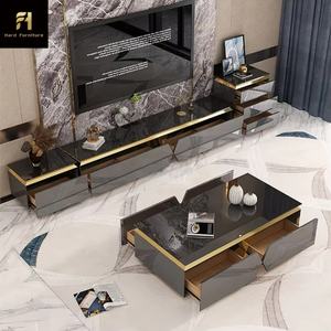 Luxury Metal <strong>Glass</strong> Wood Center <strong>Coffee</strong> <strong>Tables</strong> With Drawer Modern Extendable Storable Wall TV Stand Cabinet Unit Set - Product Image 4