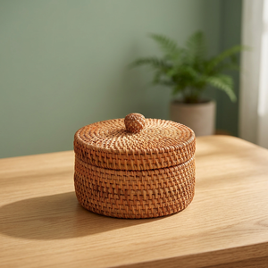 Natural Rattan Storage <b>Basket</b> <b>With</b> <b>Lid</b> Circle Shape Eco-Friendly Rustic Style Multi-Purpose Container - Product Image 4