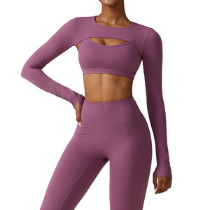 Ensemble <span class=keywords><strong>de</strong></span> vêtements <span class=keywords><strong>de</strong></span> <span class=keywords><strong>sport</strong></span> pour femmes haut court à manches longues avec leggings Style d'entraînement vêtements <span class=keywords><strong>de</strong></span> <span class=keywords><strong>sport</strong></span> pour l'entraînement Type <span class=keywords><strong>de</strong></span> Yoga en gros - Product Image 1