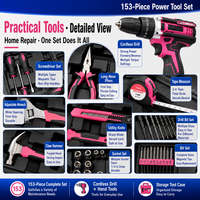 Ensemble d'outils de réparation pour la maison de 153 pièces avec perceuse sans fil au lithium, kit d'outils manuels multifonctionnels pour la maison dans un coffret de transport portable