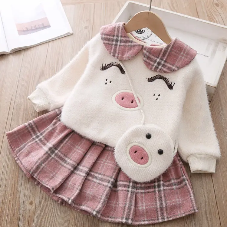 Winter Baby Kleidung Sets Mädchen Langarm Pullover Peter Pan Kragen Plaid Rock 2 Pcs Kleid Set Herbst Kleinkind Kleidung Mädchen Tasche