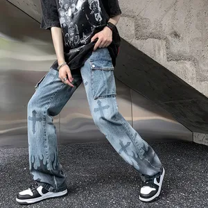 Pantalons jeans personnalisés pour hommes de haute rue drop jeans d'été en denim empilés à jambes larges hip hop à jambe droite