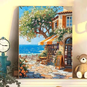 Peinture sur toile peinte à la main « Librairie en bord de mer de Paris », art décoratif mural, peinture par numéros pour la décoration murale de la maison - Product Image 1