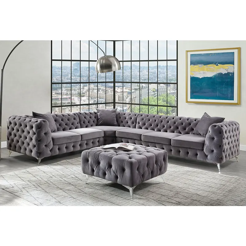 Neuankömmling Moderne Chesterfield L-förmige Eck sofas Möbel Grau Samt Schnitt couch Wohnzimmer Sofas