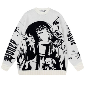 Pull-over personnalisé avec logo rétro anime en jacquard 100% coton, résistant aux plis, grande taille, style streetwear pour couple, hiver - Product Image 1