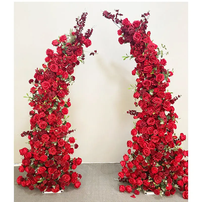 H0693 Wedding Corner Floral Arrangement Moon Gate Red Silk Flower Row Horn Arch Artificial Flower Runner for Wedding