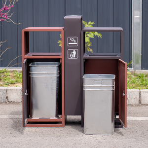 Outdoor trash can, stainless steel, <b>with</b> ashtray; galvanized waste <b>bin</b>, double recyclable, <b>with</b> <b>lid</b>. - Product Image 1