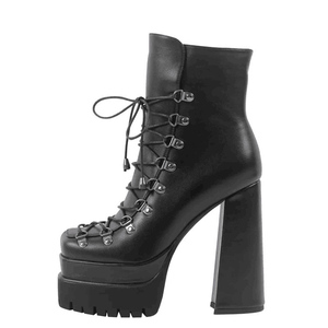 Women Big Size 46 Lace up Ankle <b>Boots</b> Wide Fit High Chunky Heels Shoes Double Layers Platform Side Zipper Booties - Product Image 3