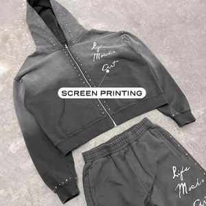 ชุดวอร์มแบบหนาพิเศษ สไตล์ดิสเทรส พิมพ์ลายทั้งตัว ประดับคริสตัล ล้างสีแบบแอซิด ชุดเซ็ตเสื้อฮู้ดดี้และกางเกงขายาวทรงบานสำหรับผู้ชาย - Product Image 2