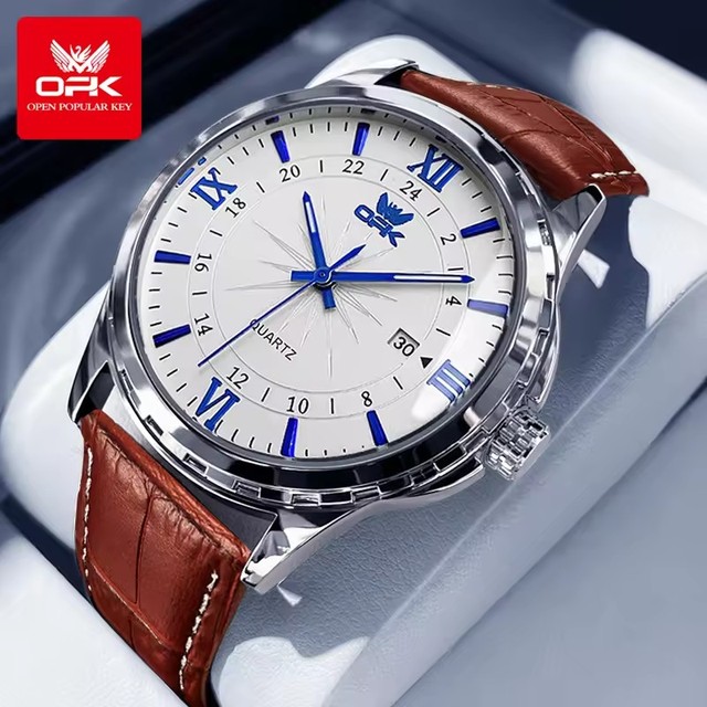 OPK 6003 Men's Brown Quartz Watch New Fashion Waterproof Luminous Calendar Luxury Simple Oval Sport Leather Band Dial 40mm 18mm
