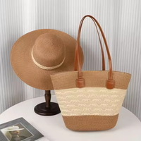 Bolso Tote de Gran Capacidad para Mujer, con Cierre de Cremallera, Conjunto de Sombrero de Paja para Playa y Viaje, Sombrero Panamá de Verano