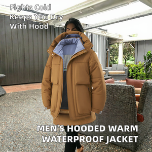 Men's Hooded Waterproof <b>Canvas</b> Bomber Jacket Cold Resistant Winter Outdoor Sports <b>Plain</b> Dyed Zipper Front Design Thick High - Product Image 2