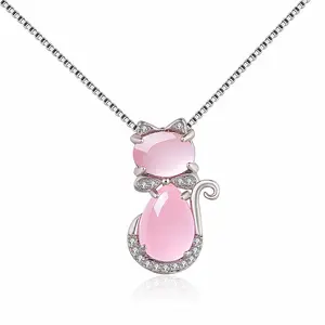 New Designs Necklace Rose Gold Plated Pink Crystal Cat Pendant Chain Bone Chain Fashion Jewelry