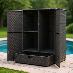 Armario de Almacenamiento Independiente para Exteriores, Color Gris Oscuro, 2 Puertas, Cajón, Mimbre de Ratán PE, para Almacenamiento de Accesorios de Piscina, Spa y Jacuzzi - Product Image 2