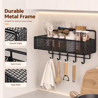 Étagère à épices murale moderne en métal noir avec crochets, amovible, sans perçage, organisateur gain de place pour salle de bain et cuisine