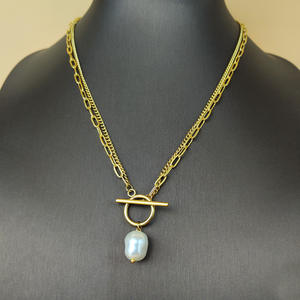 18K PVD金巴洛克珍珠项链时尚2层Halskette防水不锈钢链OT扣吊坠女性饰品 - Product Image 3