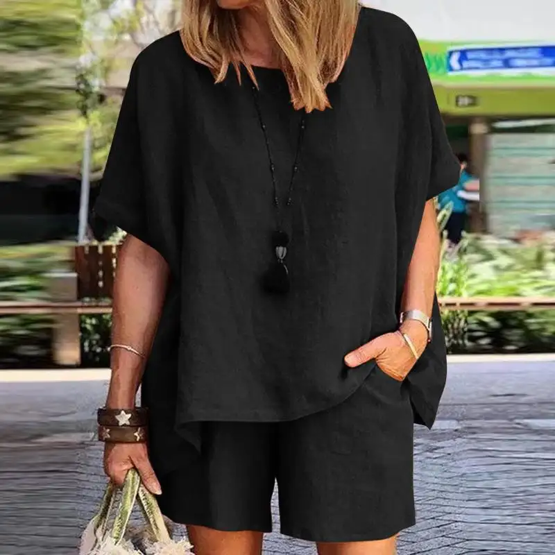 Yaz rahat eşofman kadın şort takım elbise kısa kollu gömlek üstleri gevşek Mini şort iki parçalı eşleştirme seti Streetwear