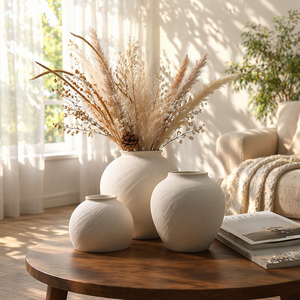 Décoration d'intérieur rustique Wabi Sabi, <span class=keywords><strong>pot</strong></span> en porcelaine rond à glaçure blanche mate, vase en céramique pour fleurs séchées - Product Image 1