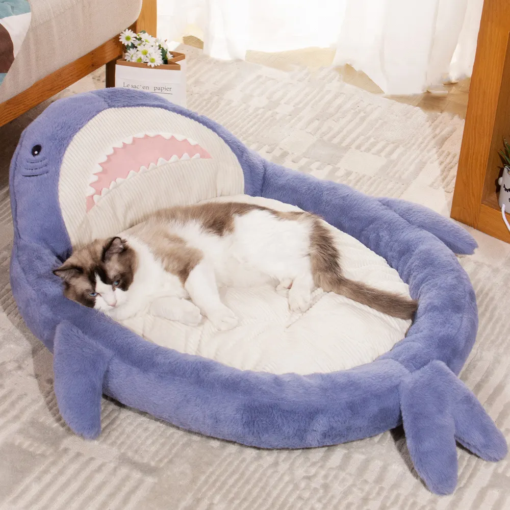 ที่นอนสุนัขแมวอบอุ่นรูปฉลามน่ารักในฤดูหนาวเบาะผ้าฝ้ายซักได้เตียงนอนโซฟาสุนัขแมวตัวใหญ่ซักได้