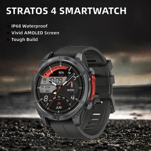 Stratos 4 Rugged Outdoor Watch Flashlight IP68 466*466 Pixels 1.43 Inch AMOLED Display 500mAh GPS Tracker Sleep Alarm Clock