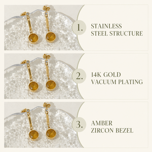 Boucles d'oreilles pendantes en zircon ambré, en acier inoxydable plaqué or 14 carats sous vide, avec serti rond et design linéaire - Product Image 3