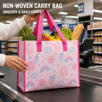 Sac fourre-tout non tissé à imprimé doodle rose avec poignées rose vif, sac de courses réutilisable