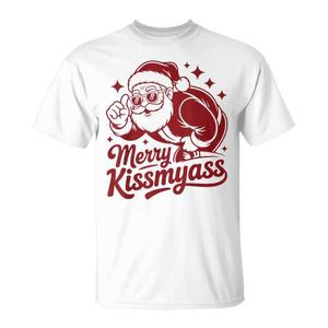T-shirt de Noël Merry Kissmyass avec impression rouge du Père Noël, cadeau amusant pour les fêtes - Product Image 1