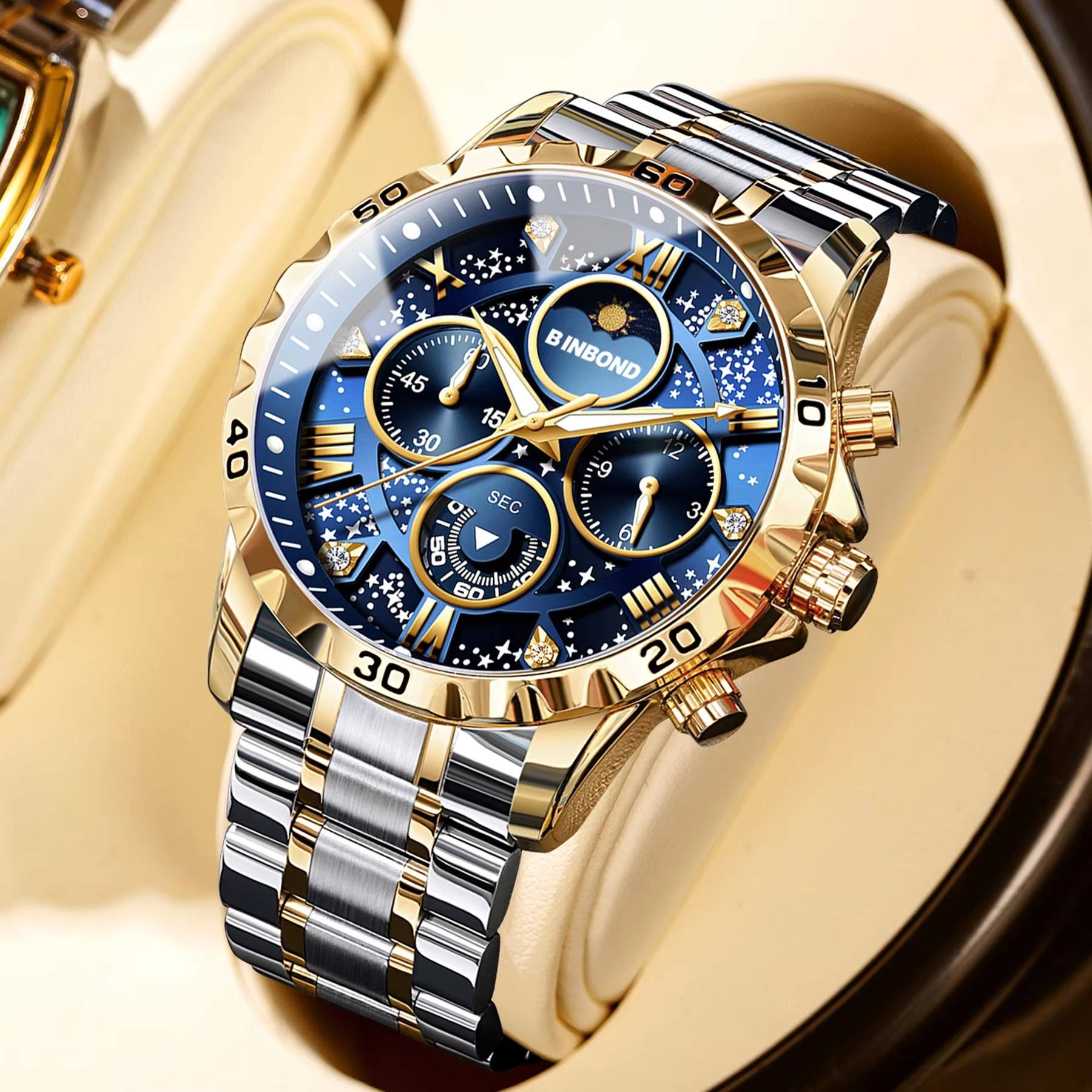 BINBOND B7741 7741 Luminous Chronograph Wristwatch Top Sports Watch Men  Waterproof Stainless Steel Men's Quartz Watches Reloj