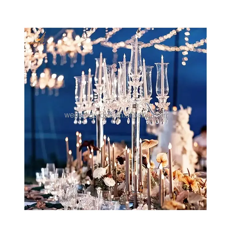 Produttore professionale alto candelabro per matrimonio centrotavola in cristallo naturale portacandele a stelo lungo in vetro portacandele