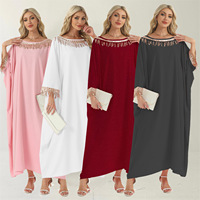 Robes longues élégantes grande taille pour femmes, style européen et américain, été 2026, en polyester, à manches chauve-souris, broderie de sequins et pompons
