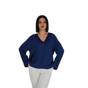 Women's Blouse Cream <b>V</b>-<b>Neck</b> <b>Long</b> <b>Sleeve</b> Loose Fit Casual <b>Top</b> - Product Image 1