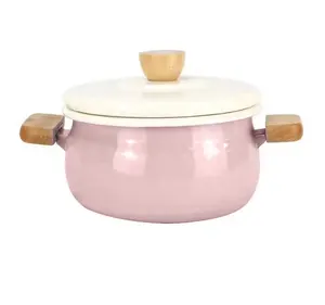 Pot à soupe en émail Casseroles à bord roulé Casseroles d'ustensiles de cuisine 16cm Manche en bois Ustensiles de cuisine en acier au carbone émaillé