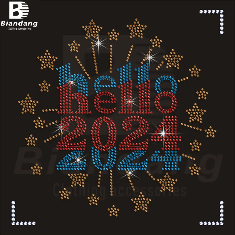 Crystal Hello 2024 camisetas apliques personalizados Año Nuevo hierro en motivos de diamantes de imitación Hotfix Bling transferencias de calor