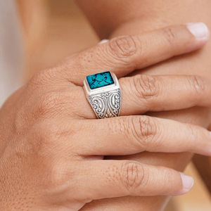 Anello da Cocktail da Uomo T0967 con Turchese Naturale Quadrato, Montatura a Castone, Anello Geometrico alla Moda, Gioiello Regalo - Product Image 5